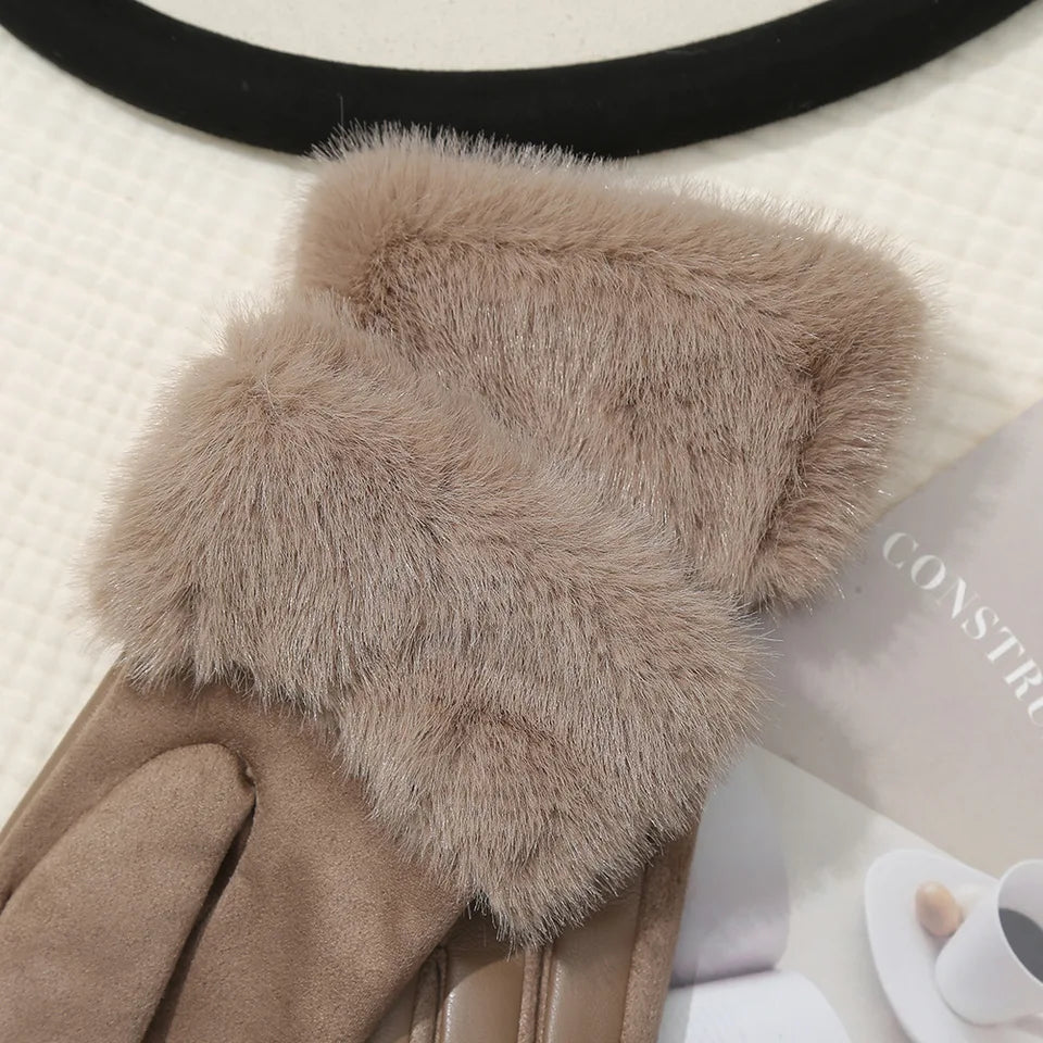 New Leather Fashionable Soft Gloves for Women Artificial Fur Cuffs Winter Warm Touch Screen Gloves Elegant Waterproof Gloves