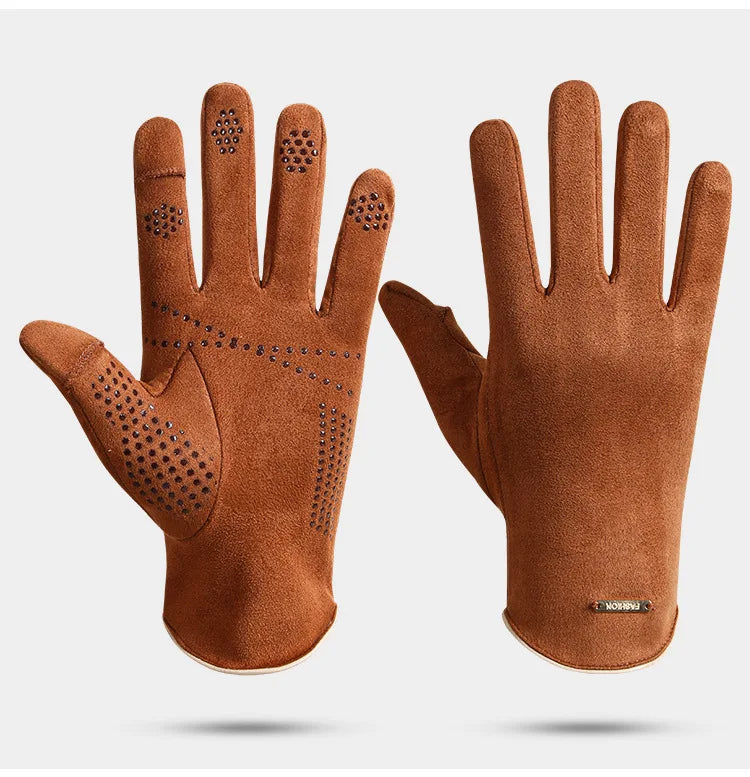 Winter Warm Gloves for Men's Outdoor Cycling and Driving Suede and Fleece Thickened Non-slip Touch Screen Gloves