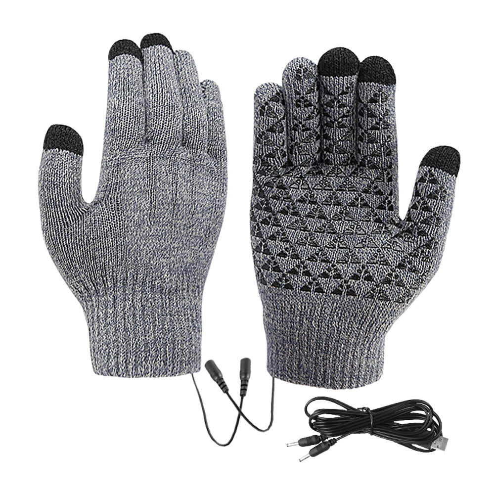 USB Electric Heated Gloves Full Finger Non-Slip Touch Screen Glove Windproof Thicken Thermal Knitting Mitts For Outdoor Cycling