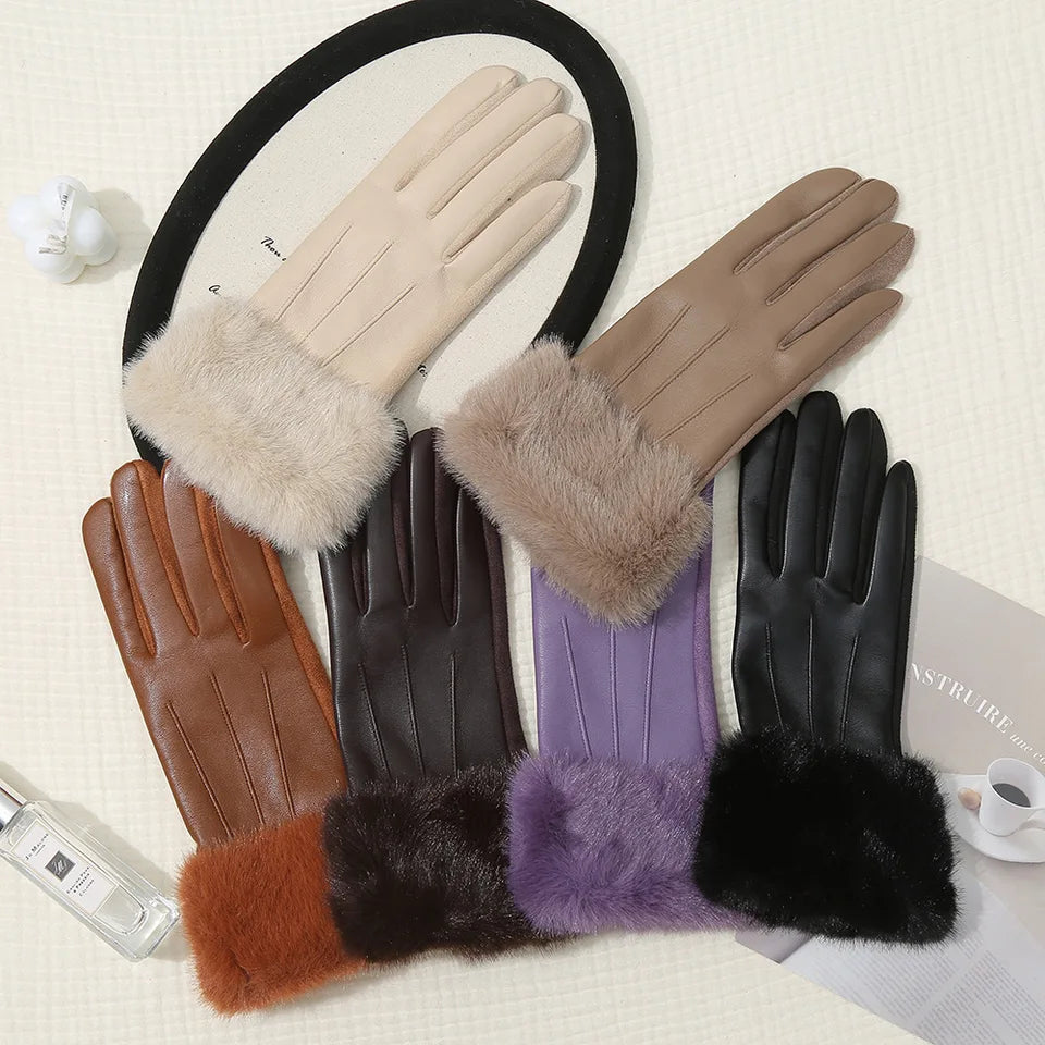 New Leather Fashionable Soft Gloves for Women Artificial Fur Cuffs Winter Warm Touch Screen Gloves Elegant Waterproof Gloves