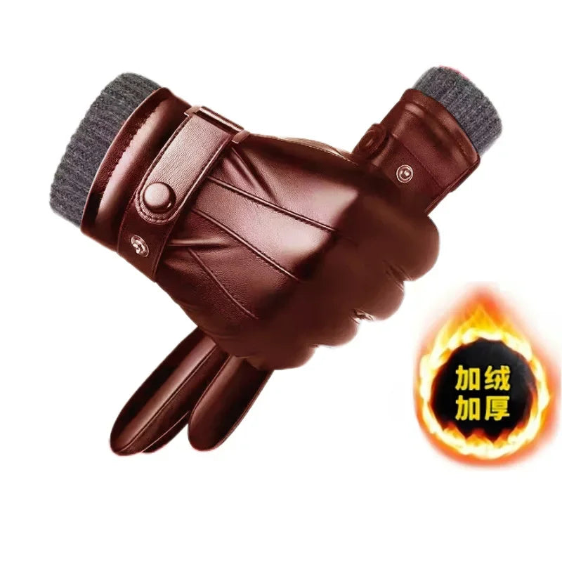 Winter Gloves for Men Genuine Leather Gloves Warm Plus Velvet Touch Screen Gloves Outdoor Cycling Driving Motorcycle PU Gloves