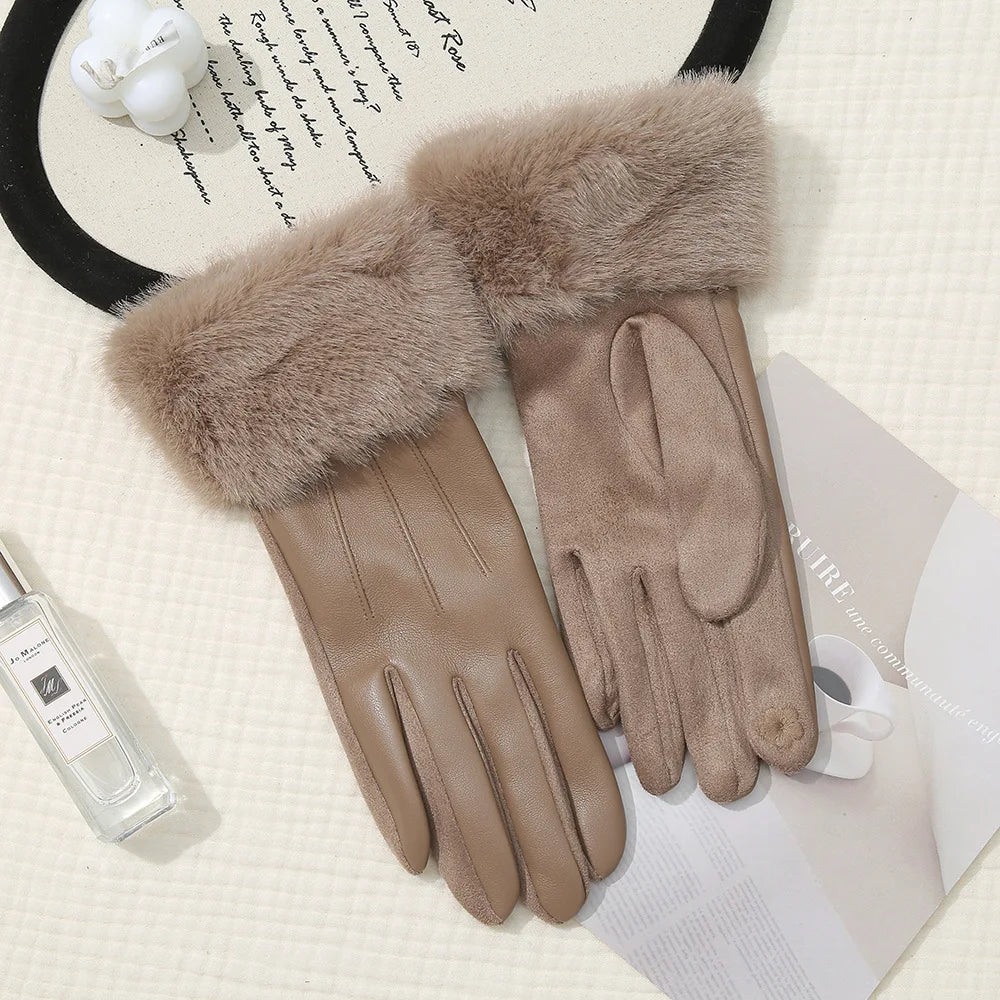 New Leather Fashionable Soft Gloves for Women Artificial Fur Cuffs Winter Warm Touch Screen Gloves Elegant Waterproof Gloves