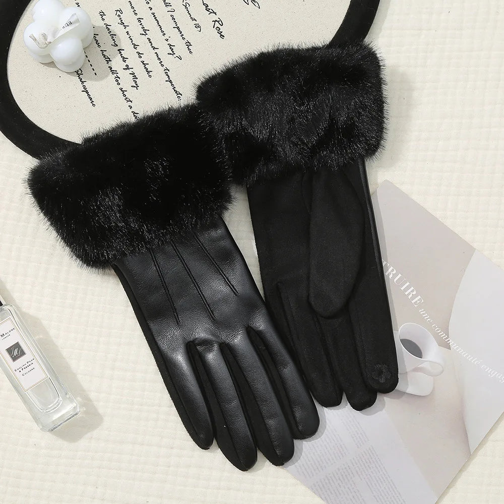 New Leather Fashionable Soft Gloves for Women Artificial Fur Cuffs Winter Warm Touch Screen Gloves Elegant Waterproof Gloves