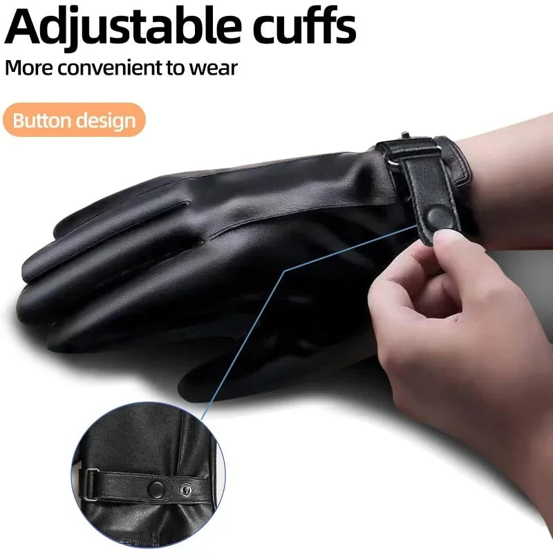 Winter Gloves for Men Genuine Leather Gloves Warm Plus Velvet Touch Screen Gloves Outdoor Cycling Driving Motorcycle PU Gloves