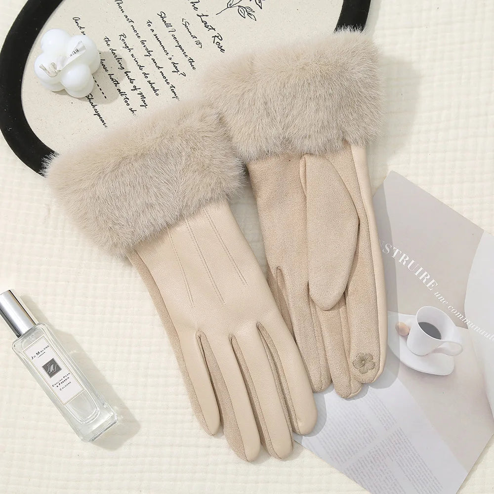 New Leather Fashionable Soft Gloves for Women Artificial Fur Cuffs Winter Warm Touch Screen Gloves Elegant Waterproof Gloves