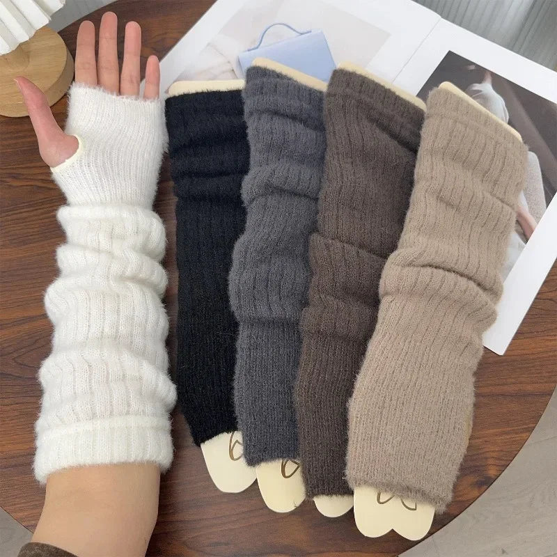 Y2K Harajuku Winter Warm Long Sleeves Gloves for Women Fingerless Solid Knitted Elbow Mittens High Elastic Outdoor Arm Warmer