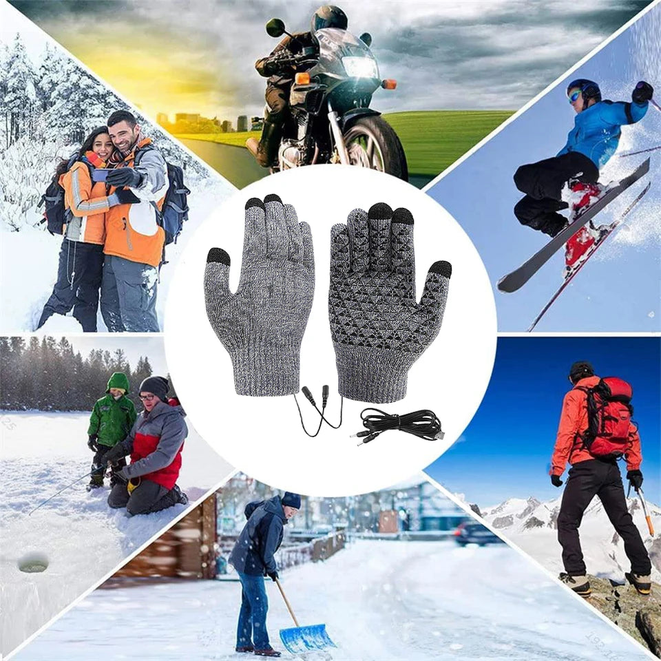 USB Electric Heated Gloves Full Finger Non-Slip Touch Screen Glove Windproof Thicken Thermal Knitting Mitts For Outdoor Cycling