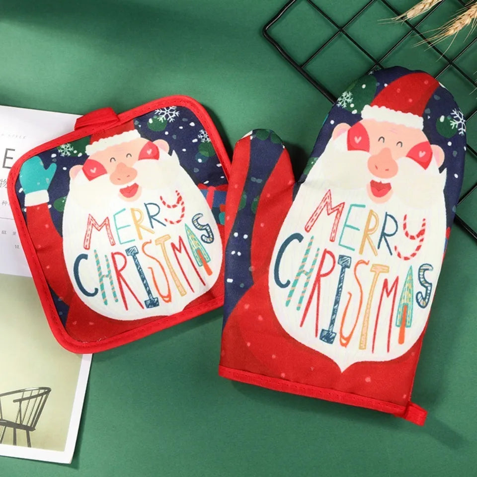 Kitchen Accessaries Heat Resistant Christmas Trim Oven Mitts Cotton Baking Microwave Gloves Anti-Hot Mat Baking Insulated Gloves