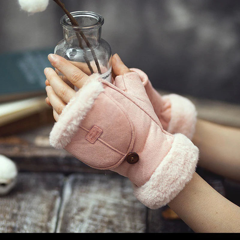 Winter Touchscreen Gloves for Women, Fleece Lined Half Finger Gloves, Warm Thermal Mittens for Office & Outdoor Use