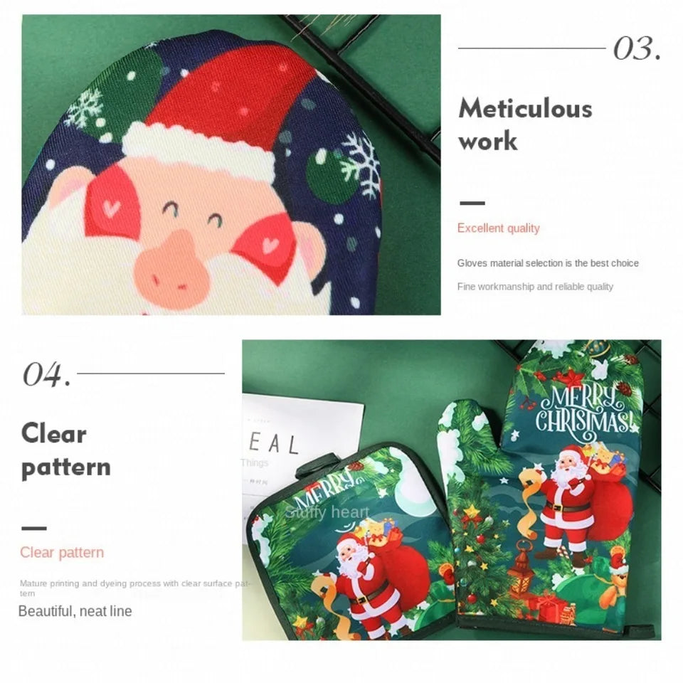 Kitchen Accessaries Heat Resistant Christmas Trim Oven Mitts Cotton Baking Microwave Gloves Anti-Hot Mat Baking Insulated Gloves