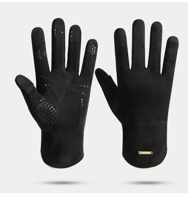 Winter Warm Gloves for Men's Outdoor Cycling and Driving Suede and Fleece Thickened Non-slip Touch Screen Gloves