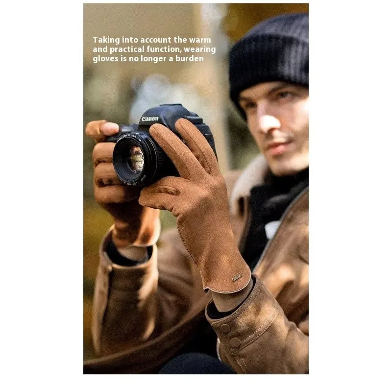 Winter Warm Gloves for Men's Outdoor Cycling and Driving Suede and Fleece Thickened Non-slip Touch Screen Gloves