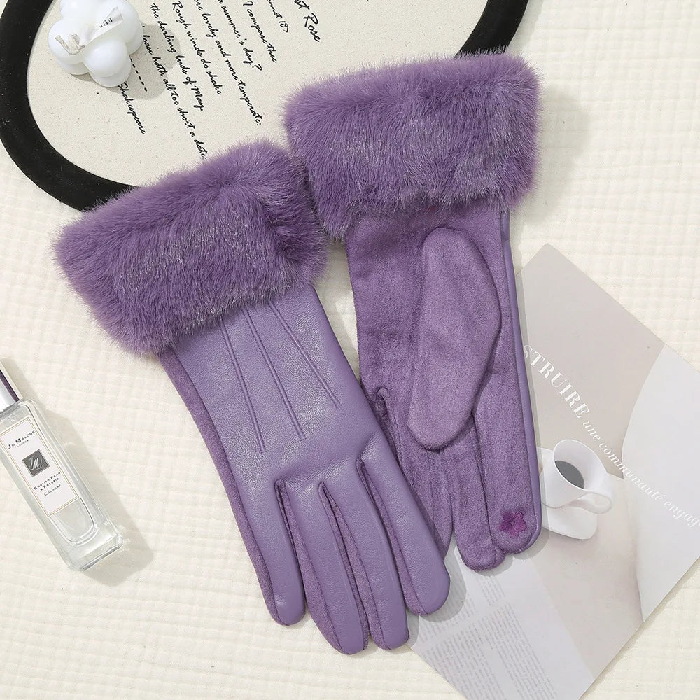New Leather Fashionable Soft Gloves for Women Artificial Fur Cuffs Winter Warm Touch Screen Gloves Elegant Waterproof Gloves