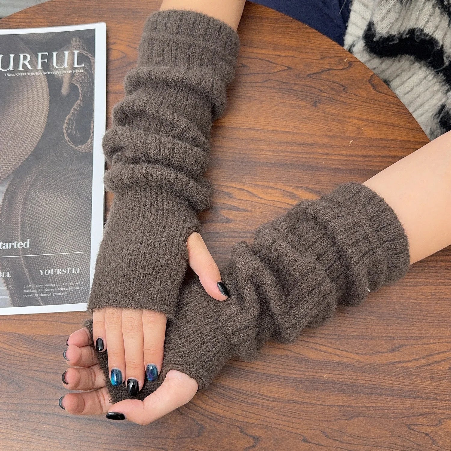 Y2K Harajuku Winter Warm Long Sleeves Gloves for Women Fingerless Solid Knitted Elbow Mittens High Elastic Outdoor Arm Warmer