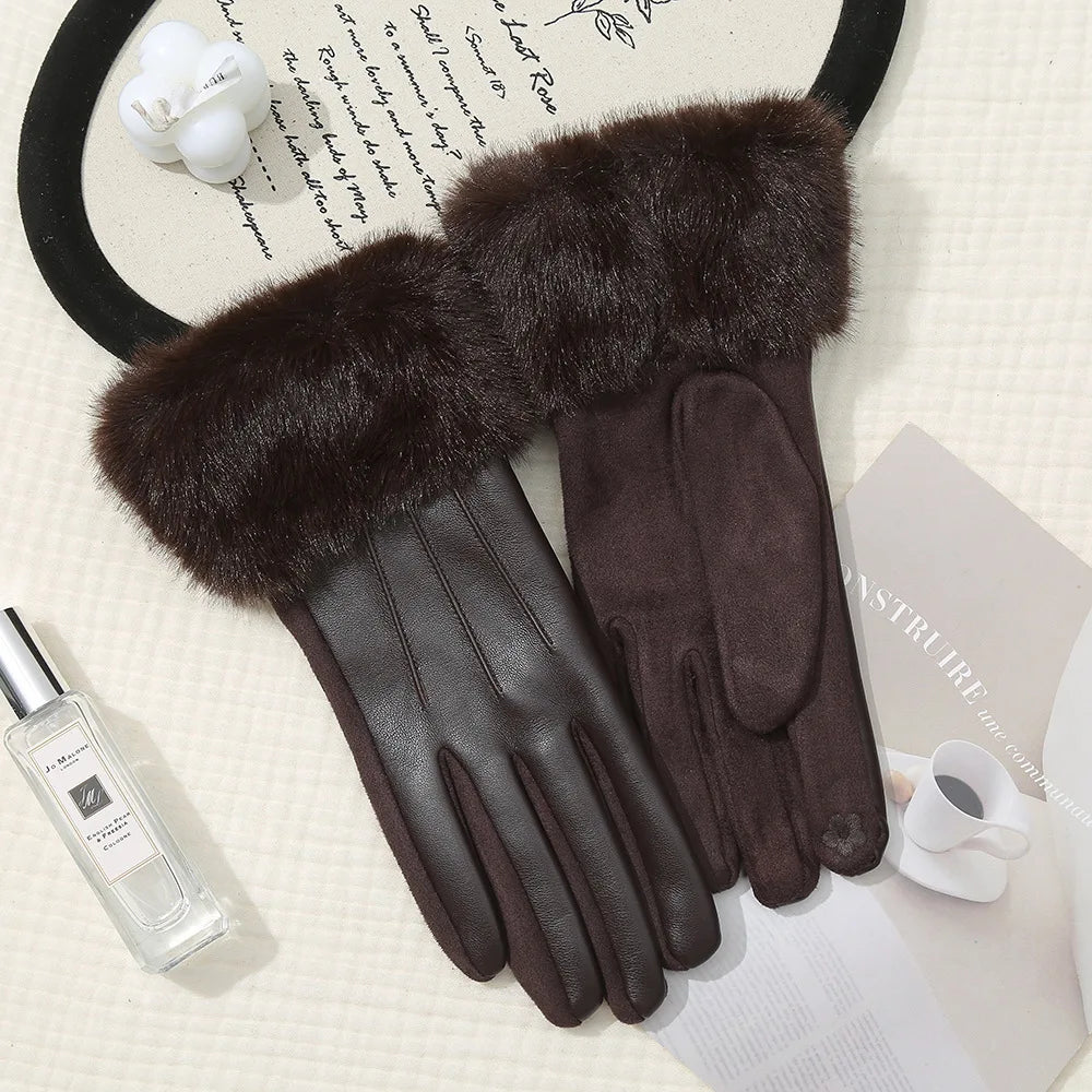 New Leather Fashionable Soft Gloves for Women Artificial Fur Cuffs Winter Warm Touch Screen Gloves Elegant Waterproof Gloves