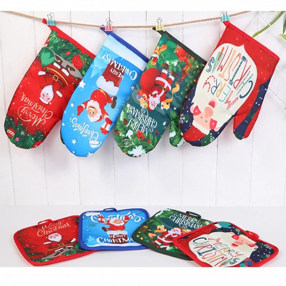 Kitchen Accessaries Heat Resistant Christmas Trim Oven Mitts Cotton Baking Microwave Gloves Anti-Hot Mat Baking Insulated Gloves