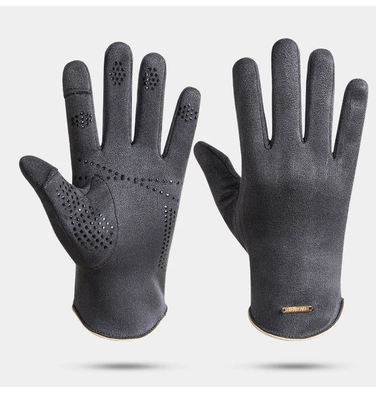 Winter Warm Gloves for Men's Outdoor Cycling and Driving Suede and Fleece Thickened Non-slip Touch Screen Gloves