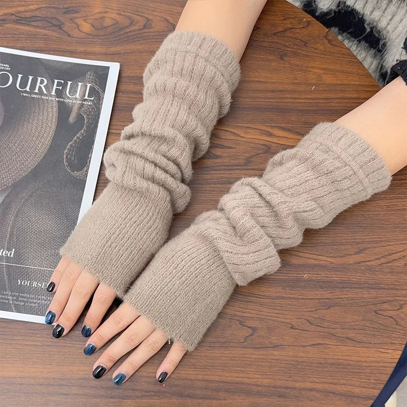 Y2K Harajuku Winter Warm Long Sleeves Gloves for Women Fingerless Solid Knitted Elbow Mittens High Elastic Outdoor Arm Warmer