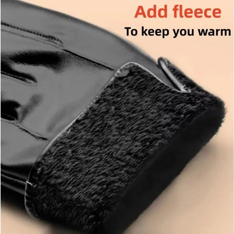 Winter Gloves for Men Genuine Leather Gloves Warm Plus Velvet Touch Screen Gloves Outdoor Cycling Driving Motorcycle PU Gloves