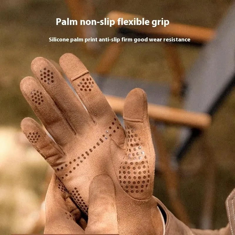 Winter Warm Gloves for Men's Outdoor Cycling and Driving Suede and Fleece Thickened Non-slip Touch Screen Gloves