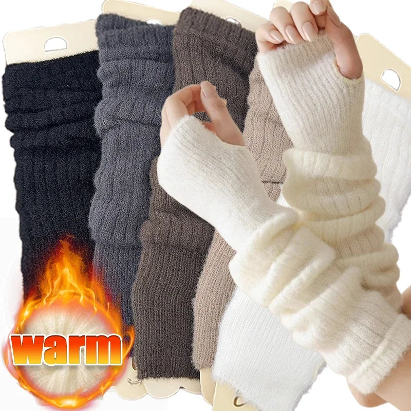 Y2K Harajuku Winter Warm Long Sleeves Gloves for Women Fingerless Solid Knitted Elbow Mittens High Elastic Outdoor Arm Warmer