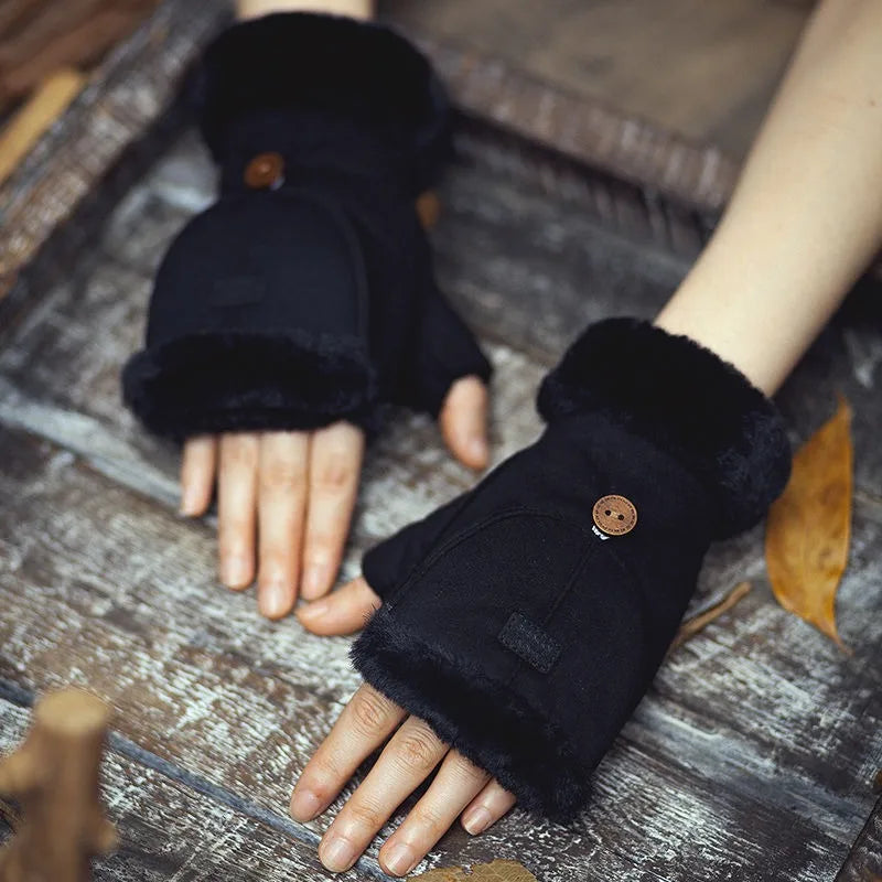 Winter Touchscreen Gloves for Women, Fleece Lined Half Finger Gloves, Warm Thermal Mittens for Office & Outdoor Use