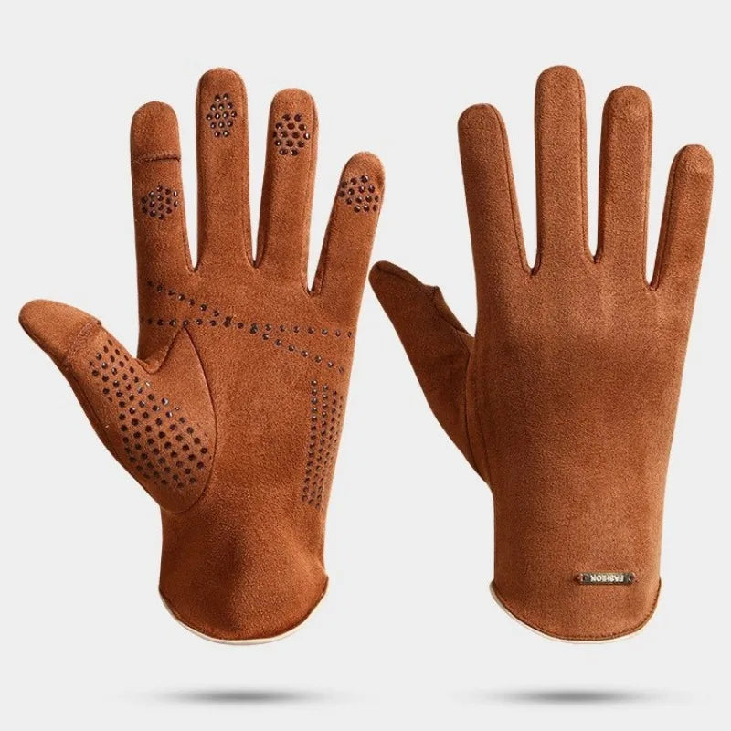 Winter Warm Gloves for Men's Outdoor Cycling and Driving Suede and Fleece Thickened Non-slip Touch Screen Gloves