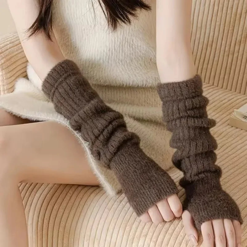 Y2K Harajuku Winter Warm Long Sleeves Gloves for Women Fingerless Solid Knitted Elbow Mittens High Elastic Outdoor Arm Warmer