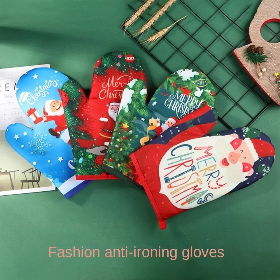 Kitchen Accessaries Heat Resistant Christmas Trim Oven Mitts Cotton Baking Microwave Gloves Anti-Hot Mat Baking Insulated Gloves